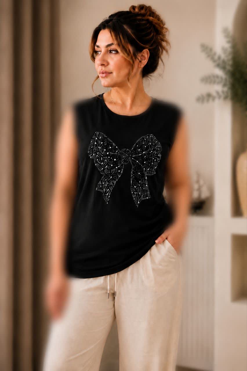تاپ زنانه مشکی نگین دار طرح پاپیون کد VS151